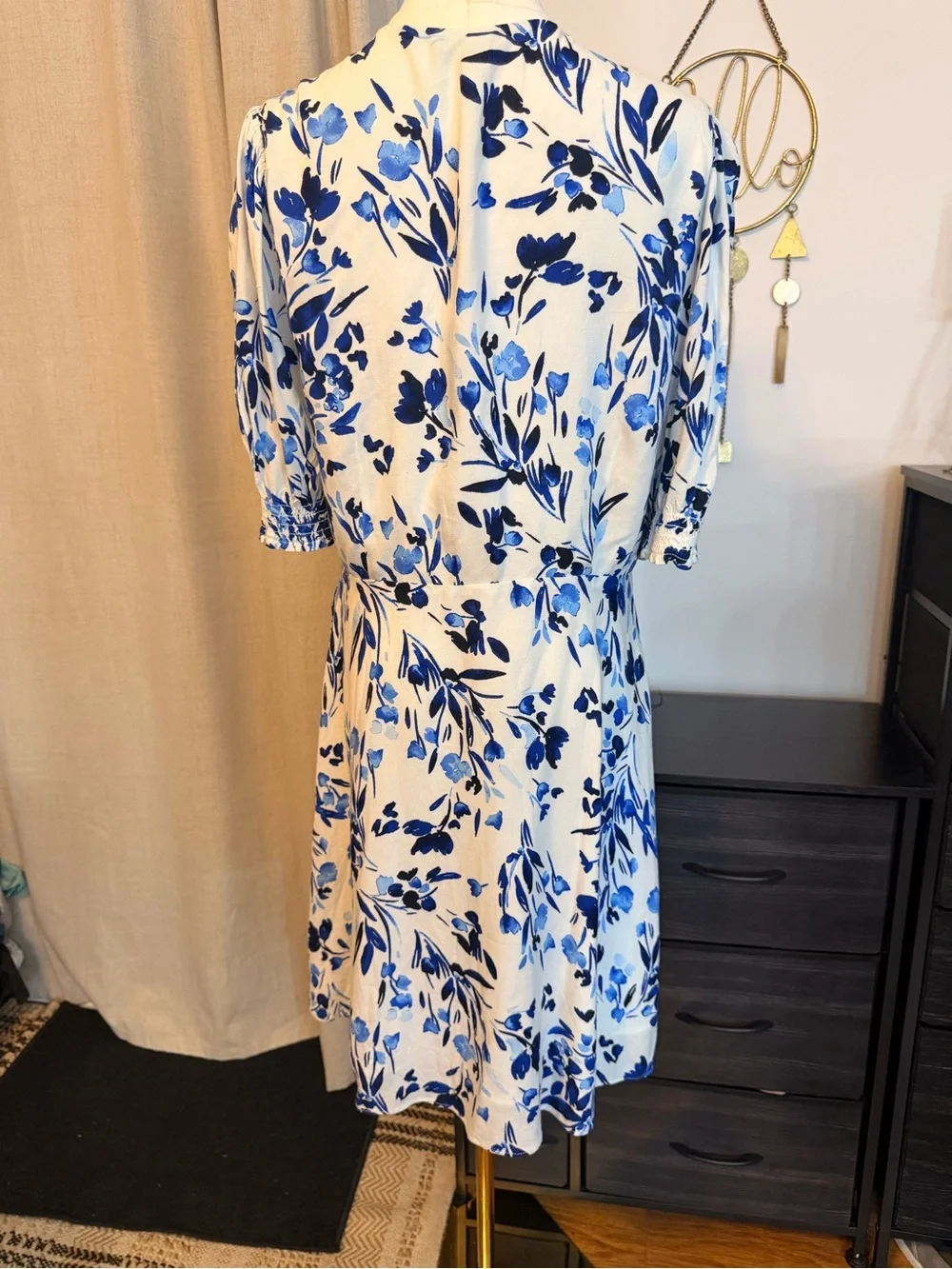 Banana Republic Blue and White Floral Wrap Midi Dress with Side Tie